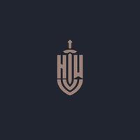 H w logotyp monogram med svärd och skydda stil design mall vektor