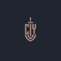 cy logotyp monogram med svärd och skydda stil design mall vektor