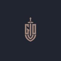 go Logo-Monogramm mit Designvorlage im Schwert- und Schildstil vektor