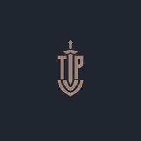 tp logotyp monogram med svärd och skydda stil design mall vektor