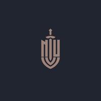 Nu-Logo-Monogramm mit Designvorlage im Schwert- und Schildstil vektor