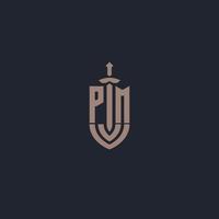 pm-Logo-Monogramm mit Designvorlage im Schwert- und Schildstil vektor