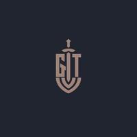 gt logotyp monogram med svärd och skydda stil design mall vektor