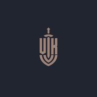 vk logotyp monogram med svärd och skydda stil design mall vektor