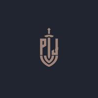 pj-logo-monogramm mit designvorlage im schwert- und schildstil vektor
