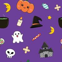 halloween festlig sömlös mönster bakgrund. spöke, pumpa, skalle, slott, godis och Mer. vektor illustration