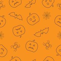 Nahtloses Muster aus schwarzen Kürbissen, Fledermäusen, Spinnen auf orangefarbenem Hintergrund. Strichzeichnungen. vektor