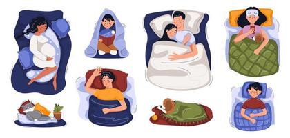 uppsättning av människor liggande i säng. sovande par, gravid, ensam man och kvinna, barn, hund och katt. begrepp av läggdags, sömnlöshet, sova, djup dröm. vektor platt illustration.