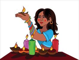 diwali indisches mädchen, das kerzenvektorillustration hält vektor