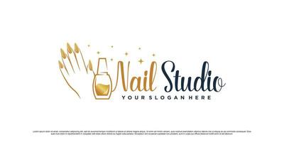 nagellackstudio-logodesign für schönheitssalon mit frauenhand- und flaschenikonen-prämienvektor vektor