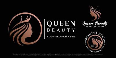 uppsättning av skönhet drottning logotyp design för kvinna salong med krona ikon och kreativ begrepp premie vektor