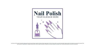 nagellack-logo-design für nagelkunststudio mit weiblicher hand und quadratischem konzept premium-vektor vektor