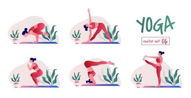 Yoga-Trainingsset. junge Frau, die Yoga-Posen praktiziert. Frau Workout Fitness, Aerobic und Übungen. vektor