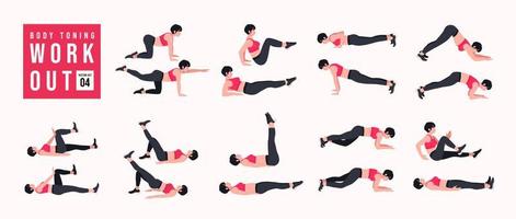 Body-Toning-Workout-Set. frauen, die fitness- und yogaübungen machen. Ausfallschritte, Liegestütze, Kniebeugen, Hantelrudern, Burpees, Seitenplanken, Situps, Glute Bridge, Beinheben, Russian Twist, Side Crunch usw vektor