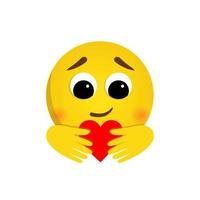 Ein rundes Emoji hält ein Herz in seinen Händen. Vektorfigur im Cartoon-Stil auf weißem Hintergrund. süßes Emoticon vektor