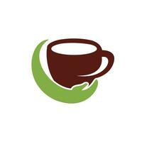 Kaffeepflege-Vektor-Logo-Design. Kaffeetasse und Hand-Icon-Design. vektor