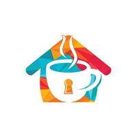 Vorhängeschloss und Kaffeebecher-Logo-Design. Kaffeetassen-Logo-Design kombiniert mit Schlüsselloch und Haus. vektor