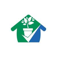 Überprüfen Sie das Design des Gartenvektor-Logos. Häkchen und Blumentopf-Symbol. vektor