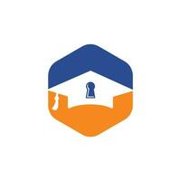 utbildning säkerhet logotyp design begrepp. illustration av en nyckel hänglås tecken med en kandidatexamen hatt. vektor