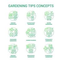 trädgårdsarbete tips grön lutning begrepp ikoner uppsättning. växt vård. plantering och växande blommor aning tunn linje Färg illustrationer. isolerat symboler. vektor