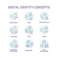 digitale identitätssymbole für blaues farbverlaufskonzept gesetzt. biometrische technologie idee dünne linie farbillustrationen. persönliche Informationen. isolierte Symbole. vektor