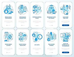 spiel- und soziale netzwerksucht blauer onboarding-bildschirm für mobile app. Komplettlösung 5 Schritte grafische Anleitungsseiten mit linearen Konzepten. ui, ux, gui-Vorlage. vektor