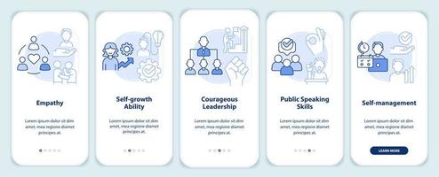trendige soft skills hellblauer onboarding-bildschirm für mobile app. Walkthrough zum Selbstwachstum 5 Schritte grafische Anleitungsseiten mit linearen Konzepten. ui, ux, gui-Vorlage. vektor