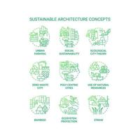 nachhaltige architektur grüne farbverlaufskonzeptikonen eingestellt. ökologische stadttheorie idee dünne linienfarbillustrationen. natürliche Ressourcen. isolierte Symbole. vektor