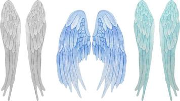 aquarellsatz blaue und graue engelsflügel realistische flügelillustration. vektor