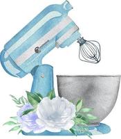 aquarellblauer planetarischer gebäckmixer mit blumen und grün. bäckereiillustration für einladung, gebäck, menü, logo vektor