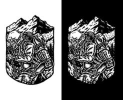 Skelett-Wanderabenteuer, handgezeichnete Linie Kunstvektorillustration, einzeln auf dunklem und hellem Hintergrund vektor
