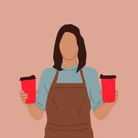 Kellnerin oder Barista. lächelnde frau in der schwarzen schürze, die kaffeetassen hält, lokalisierte vektorillustration vektor