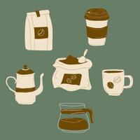 isolierte kaffeeelemente gesetzt. wasserkocher, tasse, verpackung mit kaffee, beutel kaffeebohnen, kaffeekanne aus glas. sammlung für menü, café. hand gezeichnete moderne vektorillustration. vektor