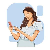kvinna innehav telefon tar emot underrättelse försäljning och inköp fällning Lycklig handla uppkopplad vektor
