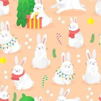 nahtloses muster mit niedlichen weihnachtskaninchen im cartoon-stil mit geschenken, lutschern, weihnachtsbaum und tannenzweigen. Vektor Neujahr Illustration Hintergrund.