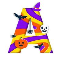 fröhliches halloween ein alphabet party schriftart typografie charakter cartoon gruselig horror mit bunter 3d schicht papierausschnitt typ design feier vektorillustration schädel kürbis fledermaus hexenhut spinnennetz vektor