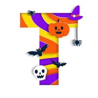 fröhliches halloween t alphabet party schriftart typografie charakter cartoon gruselig horror mit bunter 3d schicht papierausschnitt typ design feier vektorillustration schädel kürbis fledermaus hexenhut spinnennetz vektor