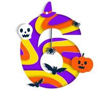 fröhliches halloween 6 sechs ziffern numerisch party schriftart charakter cartoon gruselig horror mit bunter 3d schicht papierausschnitt typ design feier vektorillustration schädel kürbis fledermaus hexenhut spinnennetz vektor