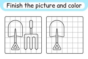 komplett de bild högaffel och skyffel. kopia de bild och Färg. Avsluta de bild. färg bok. pedagogisk teckning övning spel för barn vektor