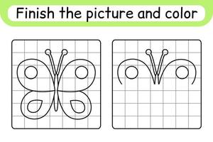 Vervollständigen Sie das Bild Schmetterling. Kopieren Sie das Bild und die Farbe. beende das Bild. Malbuch. pädagogisches Zeichenübungsspiel für Kinder vektor