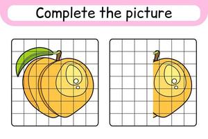 Vervollständigen Sie das Bild Pfirsich. Kopieren Sie das Bild und die Farbe. beende das Bild. Malbuch. pädagogisches Zeichenübungsspiel für Kinder