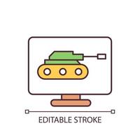 Ansehen von Nachrichten über Kriegsaktionen RGB-Farbsymbol. Bild des Panzers auf dem Computerbildschirm. Informationskrieg. isolierte vektorillustration. einfache gefüllte Strichzeichnung. editierbarer Strich. vektor