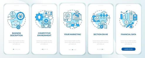 vorteile der geschäftsplanung blauer onboarding-bildschirm für mobile app. Komplettlösung 5 Schritte editierbare grafische Anweisungen mit linearen Konzepten. ui, ux, gui-Vorlage. vektor