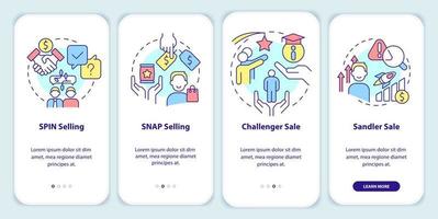försäljning tekniker onboarding mobil app skärm. varor befordran genomgång 4 steg redigerbar grafisk instruktioner med linjär begrepp. ui, ux, gui mall. vektor