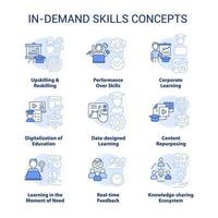 gefragte fähigkeiten hellblaue konzeptsymbole gesetzt. Ideen zur Weiterbildung und Umschulung dünner Farbillustrationen. Rückmeldung. isolierte Symbole. editierbarer Strich. vektor