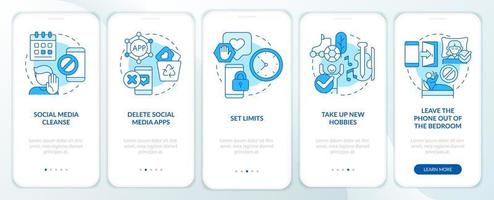 Möglichkeiten, die Social-Media-Sucht zu brechen Blue Onboarding Mobile App Screen. Komplettlösung 5 Schritte grafische Anleitungsseiten mit linearen Konzepten. ui, ux, gui-Vorlage. vektor