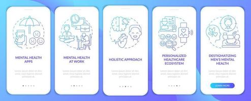 psychische gesundheit verbessert den blauen farbverlauf beim onboarding des mobilen app-bildschirms. Komplettlösung 5 Schritte grafische Anleitungsseiten mit linearen Konzepten. ui, ux, gui-Vorlage. vektor