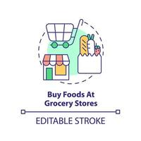 köpa livsmedel på matvaror butiker begrepp ikon. väg resa rekommendation abstrakt aning tunn linje illustration. isolerat översikt teckning. redigerbar stroke. vektor