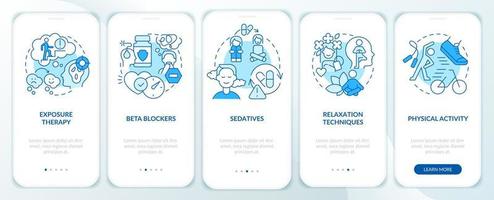 ångest oordning behandling blå onboarding mobil app skärm. genomgång 5 steg grafisk instruktioner sidor med linjär begrepp. ui, ux, gui mall. vektor