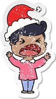 beunruhigter Aufkleber-Cartoon eines schreienden Mannes mit Weihnachtsmütze vektor